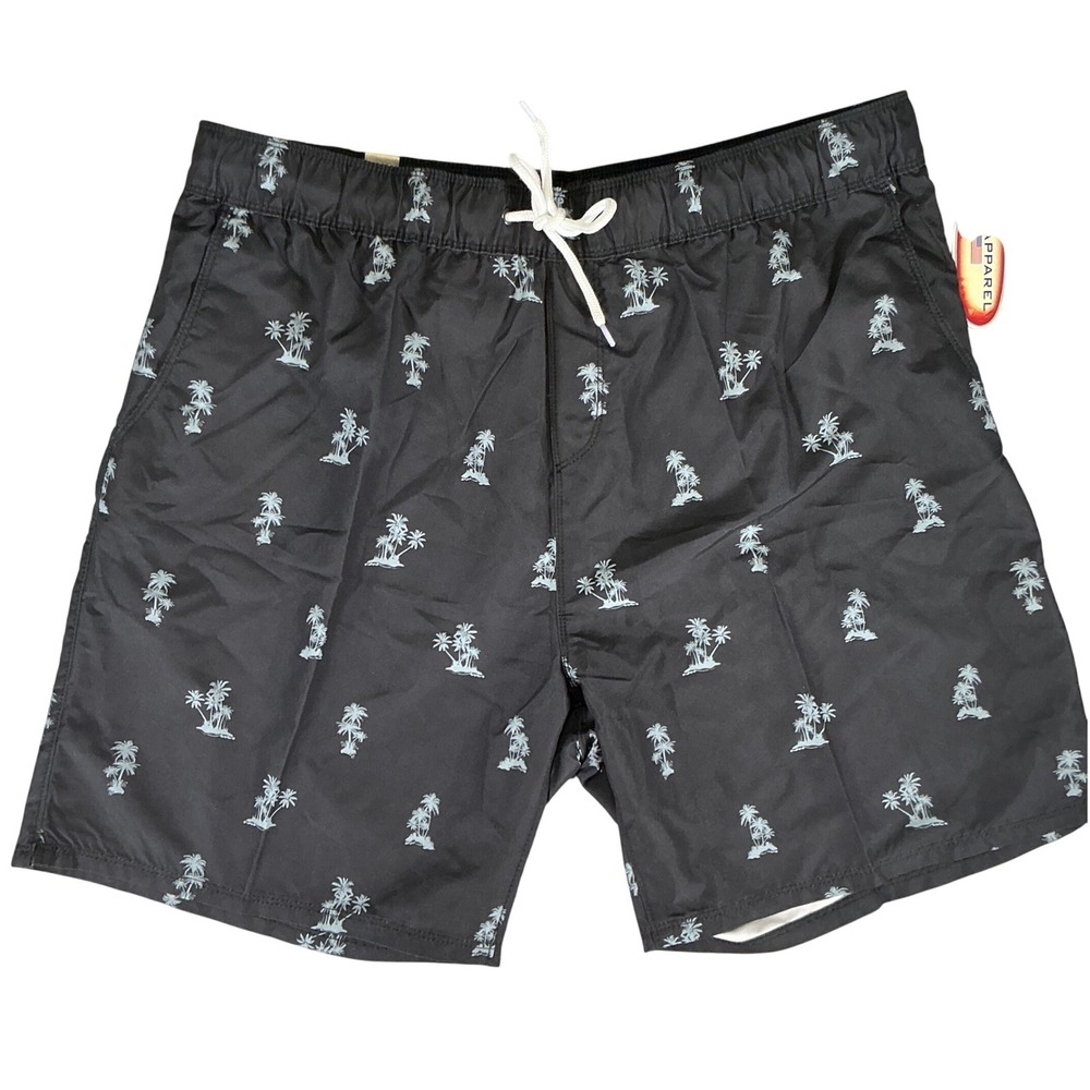 U.S. Apparel Mens 3XL Swim Trunks Black Palm‎ Tree Print Mesh Lined MNP-166 NWT